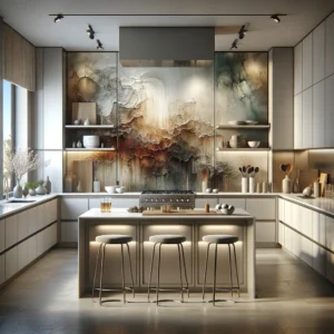 DALL·E 2024 03 11 16.32.12 Imagine a sophisticated modern kitchen, with a strong focus on the glass feature wall serving a...