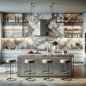 DALL·E 2024 05 21 16.33.29 A modern kitchen featuring a luxurious marble vein collection backsplash associated with DALL·E...