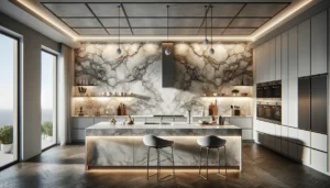 DALL·E 2024 05 21 16.36.57 A modern kitchen featuring a large back wall with a backlit marble veined collection backsplash...