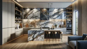 DALL·E 2024 05 21 17.01.55 A modern kitchen featuring a large back wall entirely dedicated to a backlit marble veined coll...